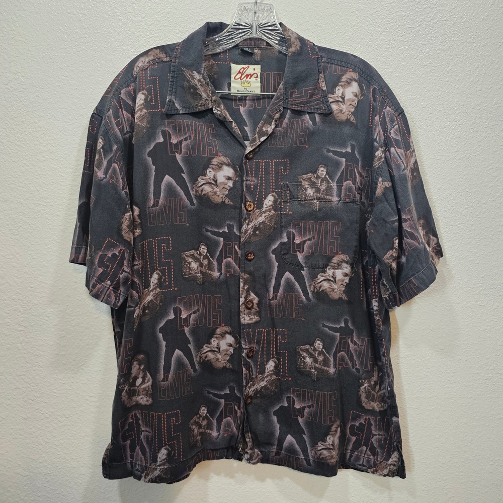 David Carey Elvis Presley Men Large Black Red All Over Print Button Down Shirt
